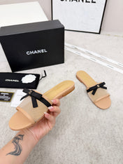 CHANEL 26S SLIDE SANDALS IN BEIGE MESH AND CALFSKIN WITH BLACK RIBBON