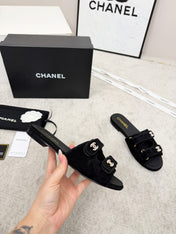 CHANEL 26S DOUBLE STRAP SLIDE SANDALS IN BLACK SUEDE AND CALFSKIN