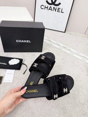 CHANEL 26S DOUBLE STRAP SLIDE SANDALS IN BLACK SUEDE AND CALFSKIN