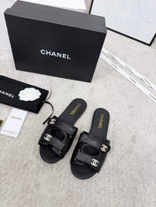CHANEL 26S DOUBLE STRAP SLIDE SANDALS IN BLACK CALFSKIN
