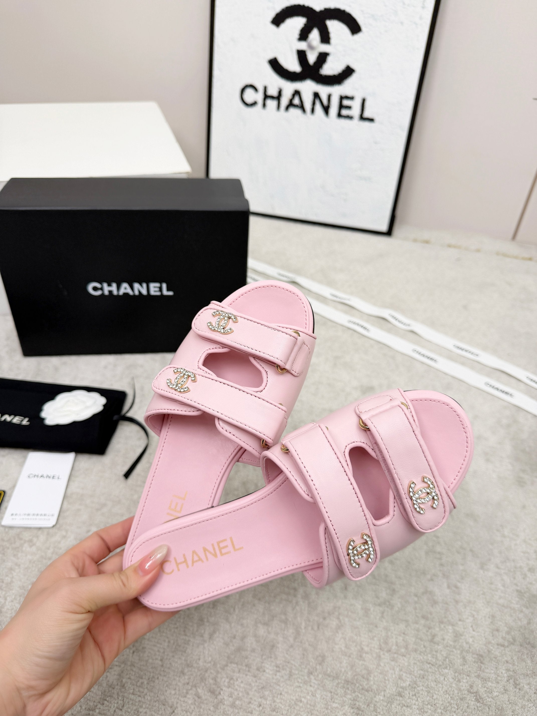 CHANEL 26S DOUBLE STRAP SLIDE SANDALS IN PINK CALFSKIN