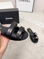 CHANEL 26S DOUBLE STRAP SLIDE SANDALS IN BLACK CALFSKIN