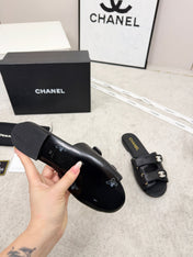 CHANEL 26S DOUBLE STRAP SLIDE SANDALS IN BLACK CALFSKIN