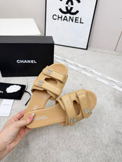 CHANEL 26S DOUBLE STRAP SLIDE SANDALS IN BEIGE CALFSKIN