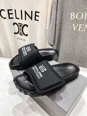 SLIDE SANDALS IN BLACK NYLON AND RUBBER WHITE PRINT