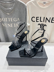HIGH HEEL SANDALS IN BLACK GLOSSY CALFSKIN WTH STRAPS ATTACHED GEM