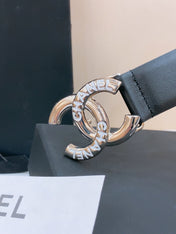 DOUBLE C BELT 30MM IN BLACK CALFSKIN SILVER BUCKLE EMBOSSED WHITE LOGO
