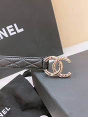 DOUBLE C BELT 20MM IN BLACK CALFSKIN WITH QUILTED STITCHING AND SPIRAL SILVER BUCKLE