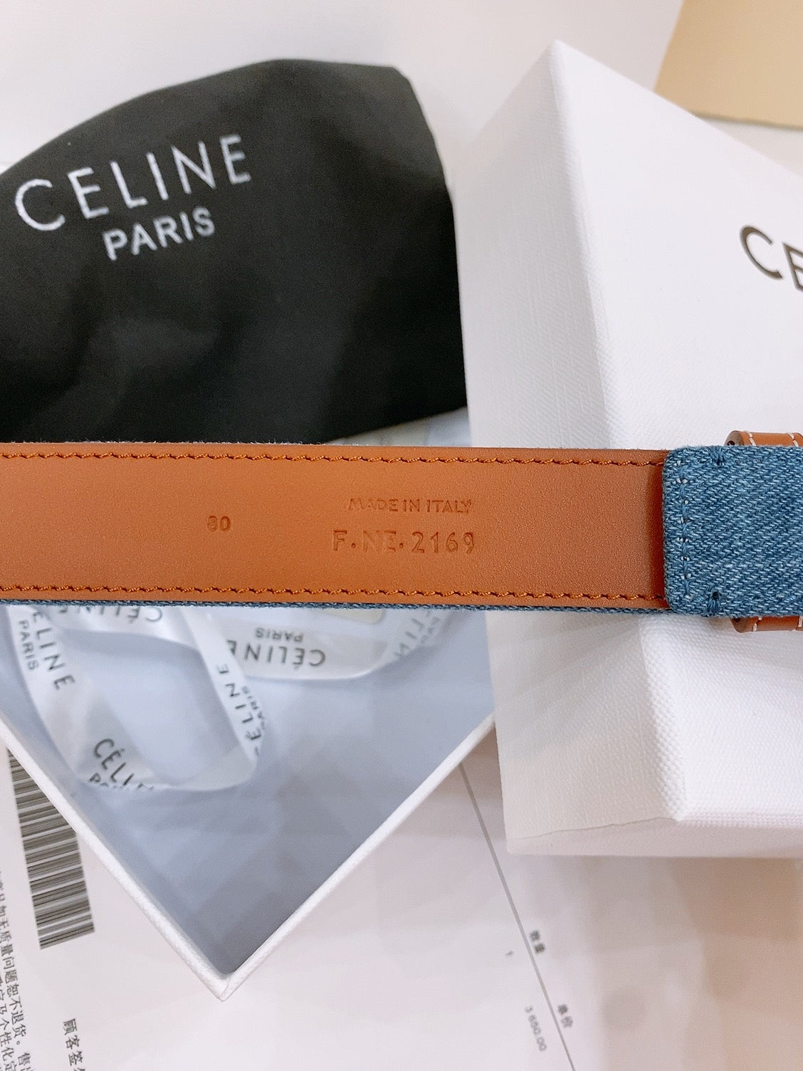 CELINE 25S BELT TRIOMPHE TAURILLON 25MM IN BROWN CALFSKIN AND DENIM 558354