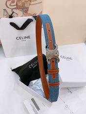 CELINE 25S BELT TRIOMPHE TAURILLON 25MM IN BROWN CALFSKIN AND DENIM 558354