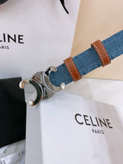 CELINE 25S BELT TRIOMPHE TAURILLON 25MM IN BROWN CALFSKIN AND DENIM 558354