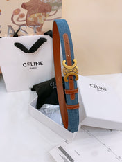 CELINE 25S BELT TRIOMPHE TAURILLON 25MM IN BROWN CALFSKIN AND DENIM 558355