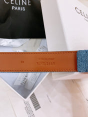 CELINE 25S BELT TRIOMPHE TAURILLON 25MM IN BROWN CALFSKIN AND DENIM 558357