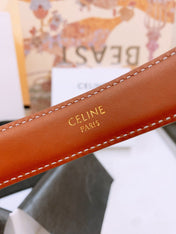 CELINE 25S TRIOMPHE BELT 25MM IN DARK CARAMEL CALFSKIN DEBOSSED LOGO 570964