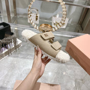 SANDAL SLIDES IN BEIGE SUEDE AND SHEARLING LINING