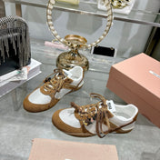 MIUMIU 26S LACE UP SNEAKERS IN BROWN SUEDE WHITE FABRIC CHARM DETAIL