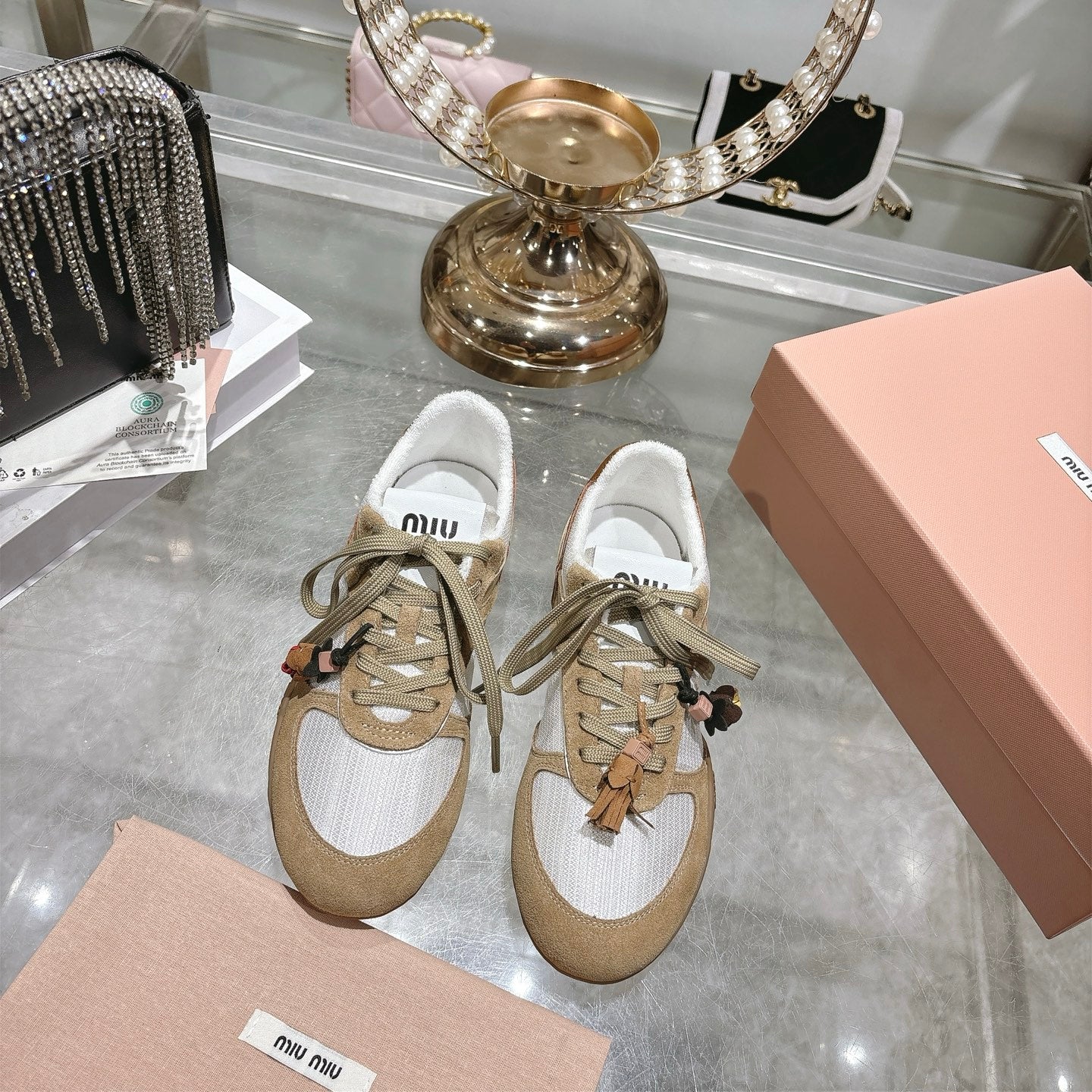 MIUMIU 26S LACE UP SNEAKERS IN BEIGE SUEDE WHITE FABRIC CHARM DETAIL