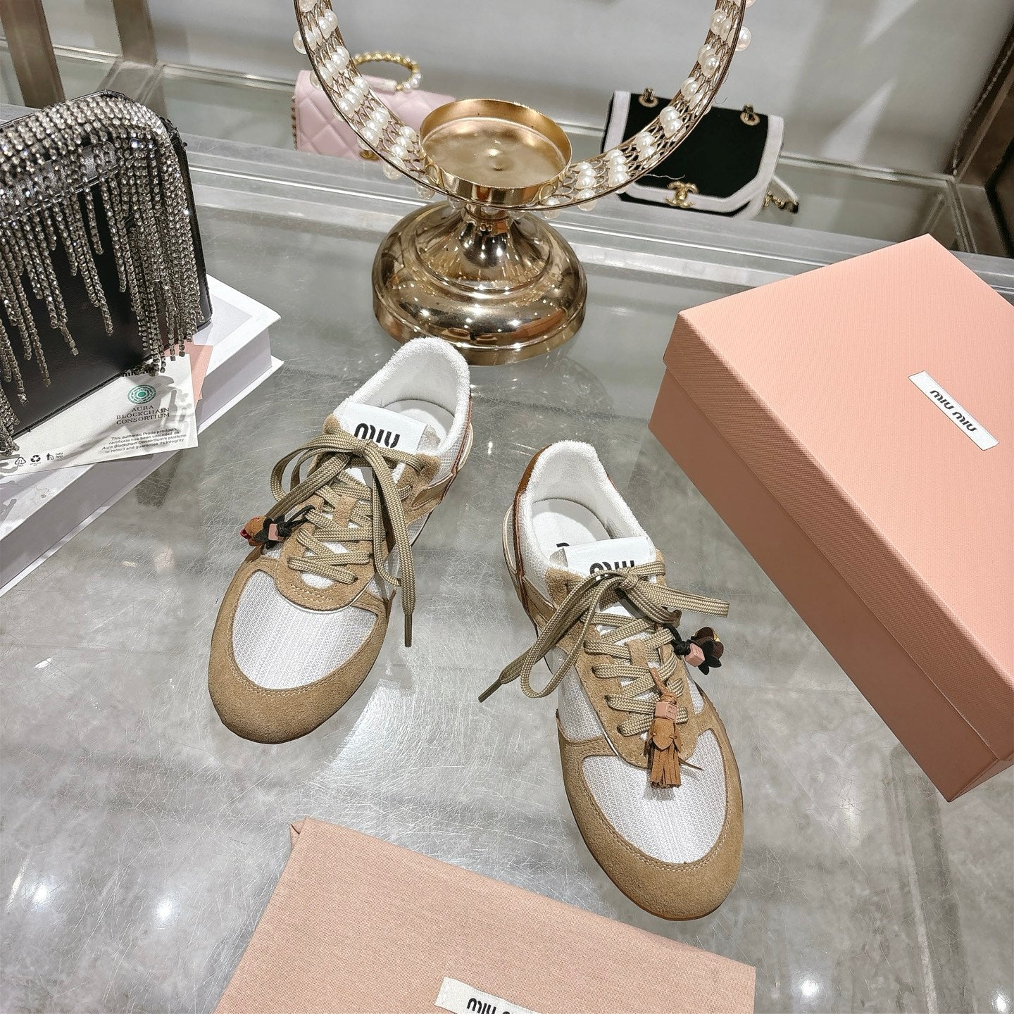 MIUMIU 26S LACE UP SNEAKERS IN BEIGE SUEDE WHITE FABRIC CHARM DETAIL