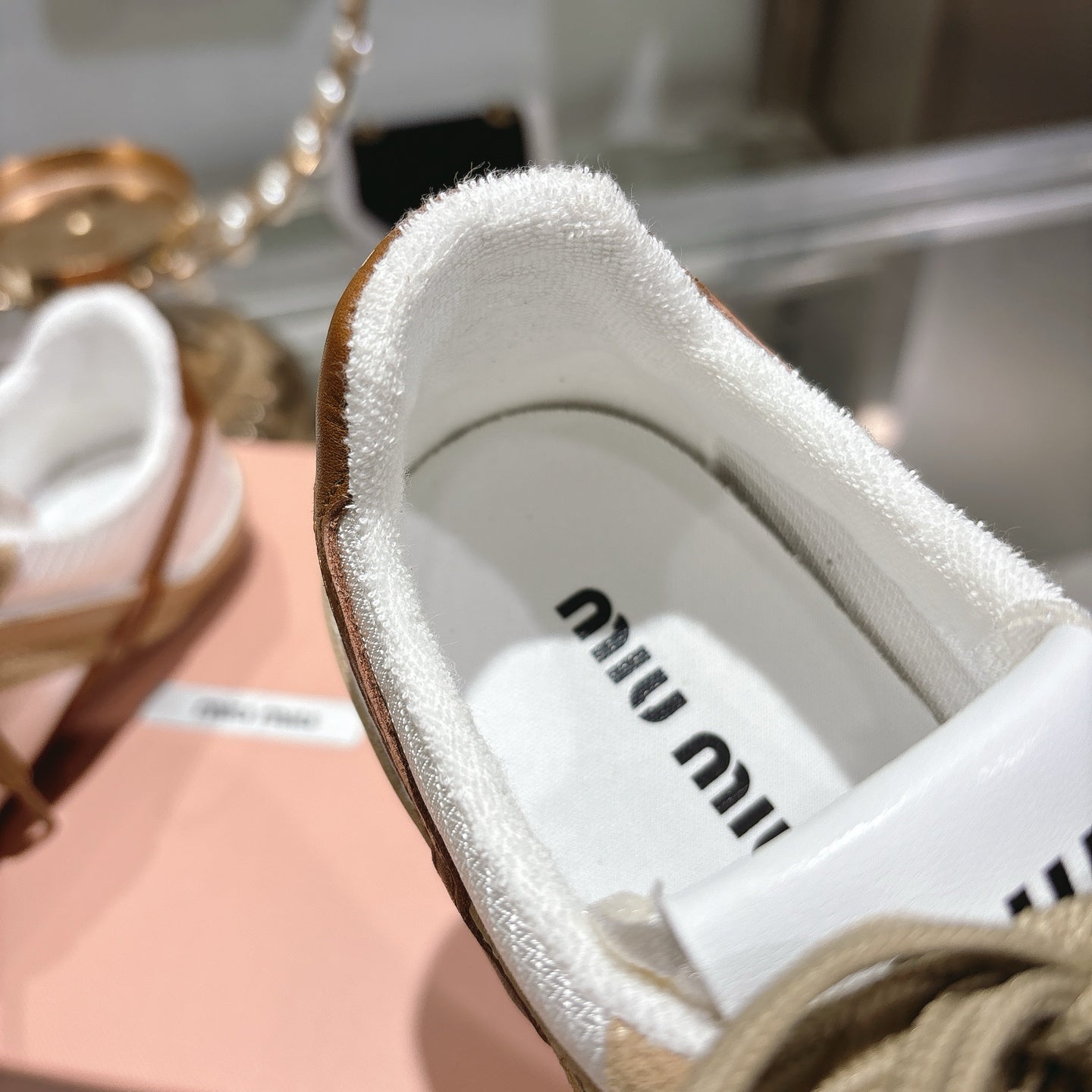 MIUMIU 26S LACE UP SNEAKERS IN BEIGE SUEDE WHITE FABRIC CHARM DETAIL