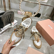MIUMIU 26S LACE UP SNEAKERS IN BEIGE SUEDE WHITE FABRIC CHARM DETAIL