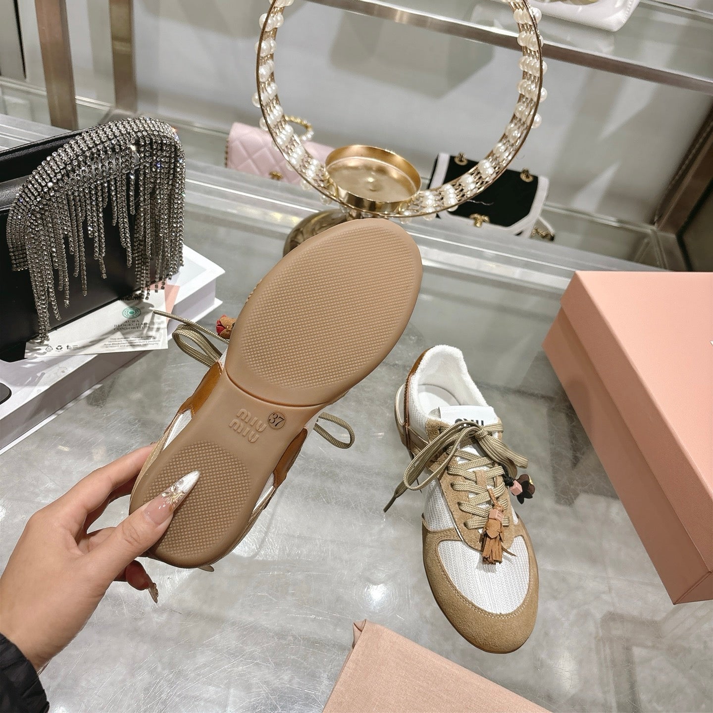 MIUMIU 26S LACE UP SNEAKERS IN BEIGE SUEDE WHITE FABRIC CHARM DETAIL