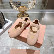 MIUMIU 26S MARY JANE FLATS IN LIGHT PINK SUEDE ELASTIC STRAP