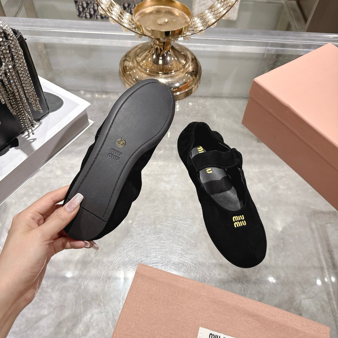 MIUMIU 26S MARY JANE FLATS IN BLACK SUEDE ELASTIC STRAP