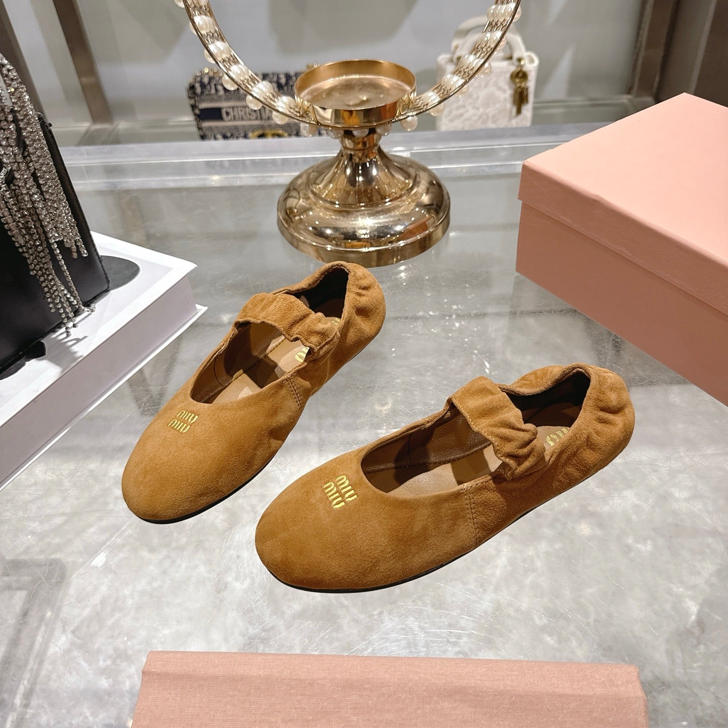 MIUMIU 26S MARY JANE FLATS IN BROWN SUEDE ELASTIC STRAP