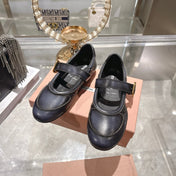 MIUMIU 26S MARY JANE FLATS IN BLACK CALFSKIN GOLD BUCKLE