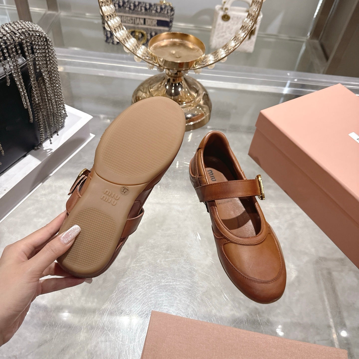 MIUMIU 26S MARY JANE FLATS IN CARAMEL BROWN CALFSKIN GOLD BUCKLE