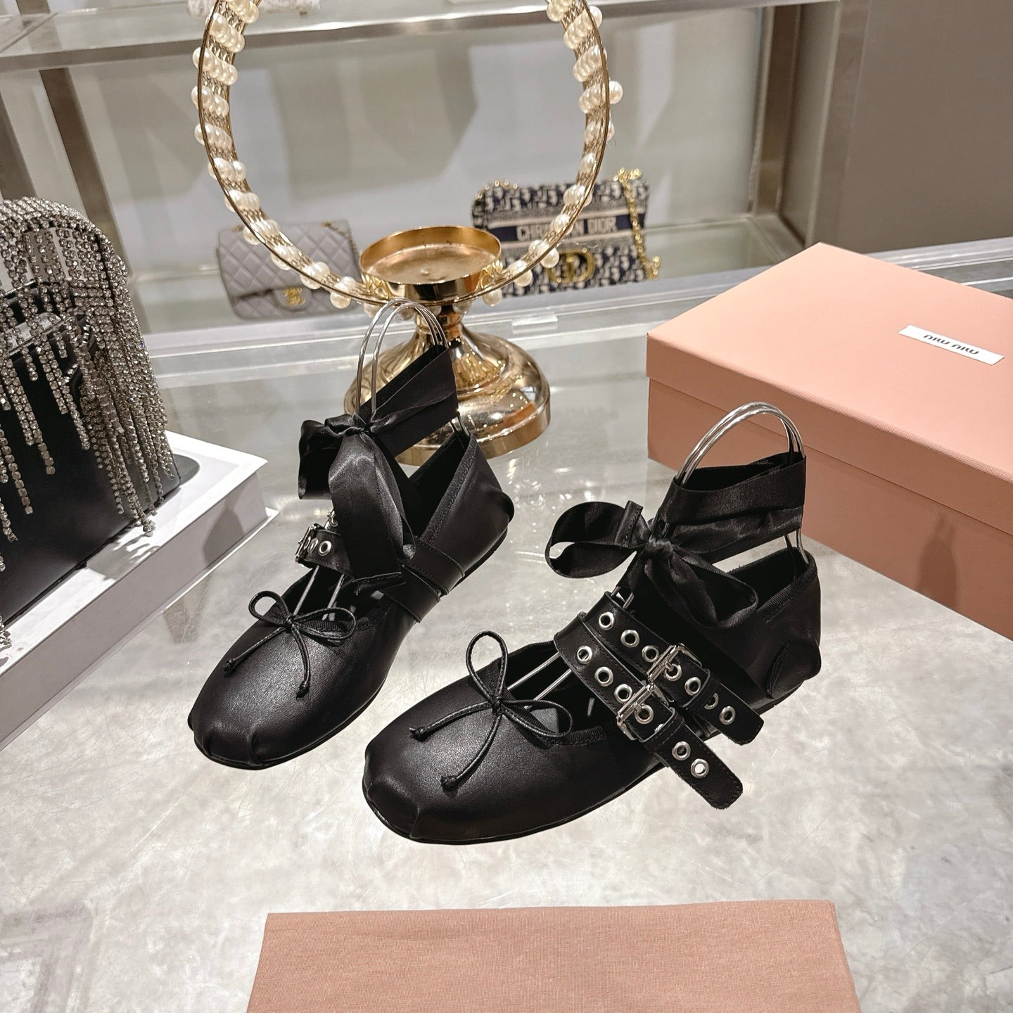 MIUMIU 26S SLINGBACK BALLET FLATS IN BLACK CALFSKIN SILVER HARDWARE
