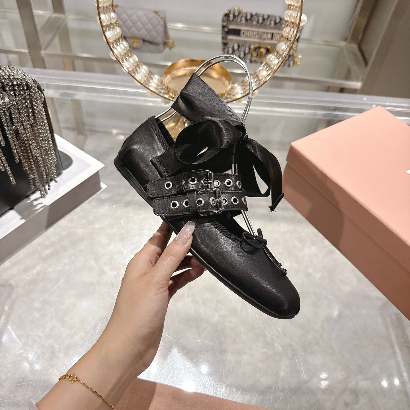 MIUMIU 26S SLINGBACK BALLET FLATS IN BLACK CALFSKIN SILVER HARDWARE