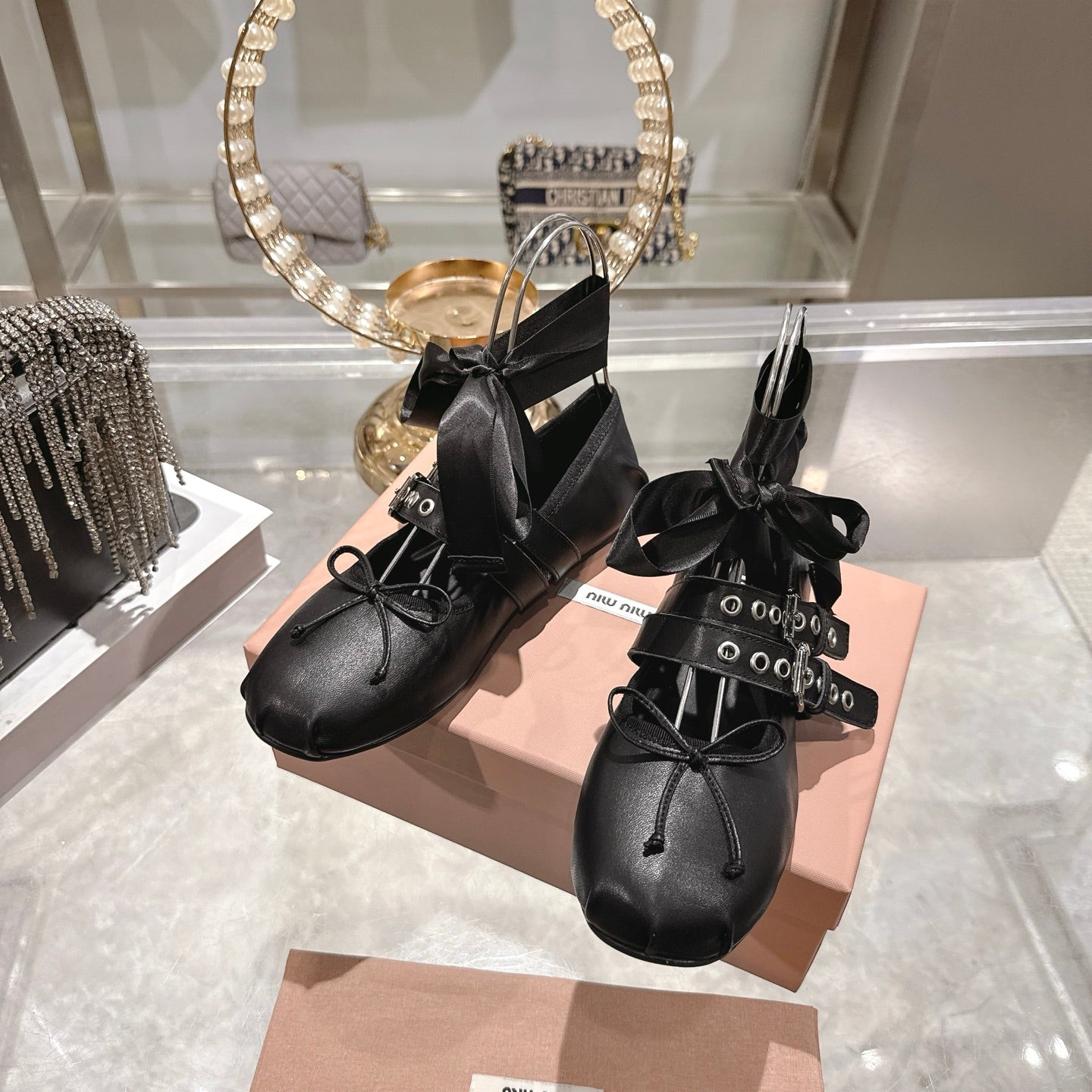MIUMIU 26S SLINGBACK BALLET FLATS IN BLACK CALFSKIN SILVER HARDWARE