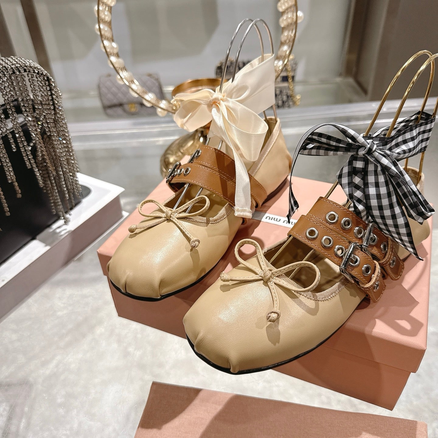 MIUMIU 26S SLINGBACK BALLET FLATS IN BEIGE CALFSKIN AND BROWN STRAP RIBBON