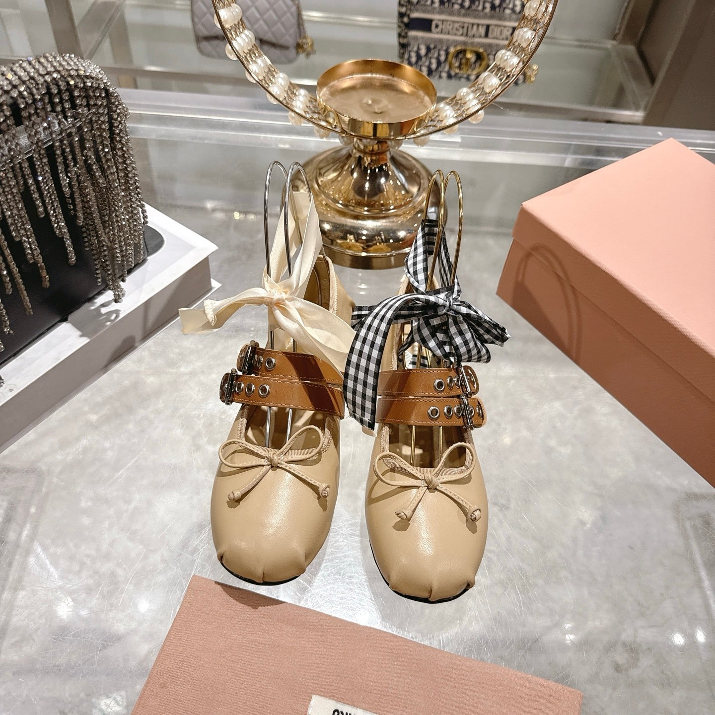 MIUMIU 26S SLINGBACK BALLET FLATS IN BEIGE CALFSKIN AND BROWN STRAP RIBBON