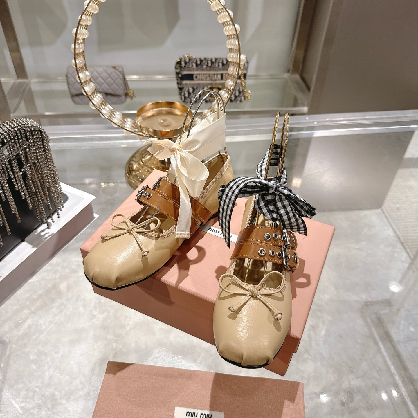 MIUMIU 26S SLINGBACK BALLET FLATS IN BEIGE CALFSKIN AND BROWN STRAP RIBBON
