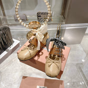 MIUMIU 26S SLINGBACK BALLET FLATS IN BEIGE CALFSKIN AND BROWN STRAP RIBBON