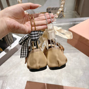 MIUMIU 26S SLINGBACK BALLET FLATS IN BEIGE CALFSKIN AND BROWN STRAP RIBBON