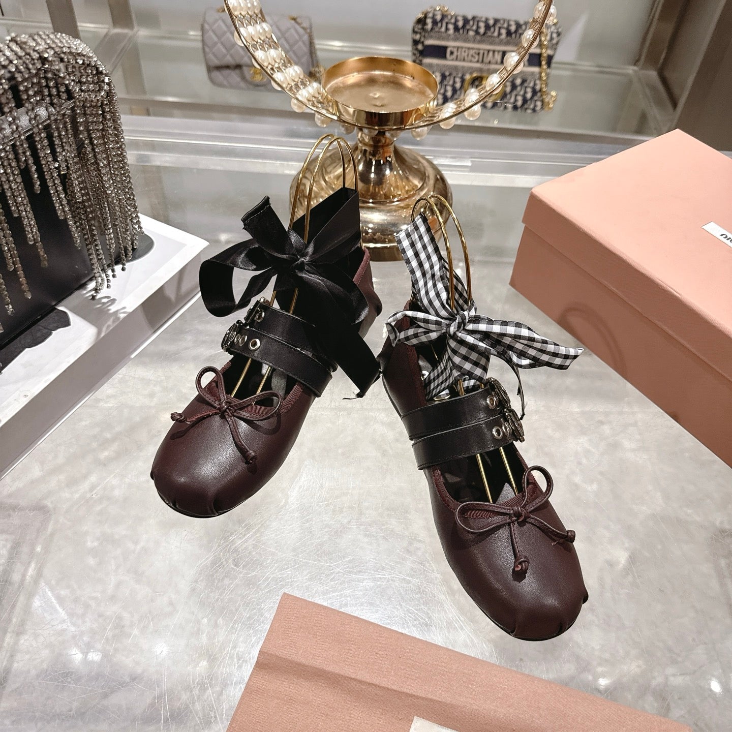 MIUMIU 26S SLINGBACK BALLET FLATS IN DARK BROWN CALFSKIN AND BLACK STRAP RIBBON