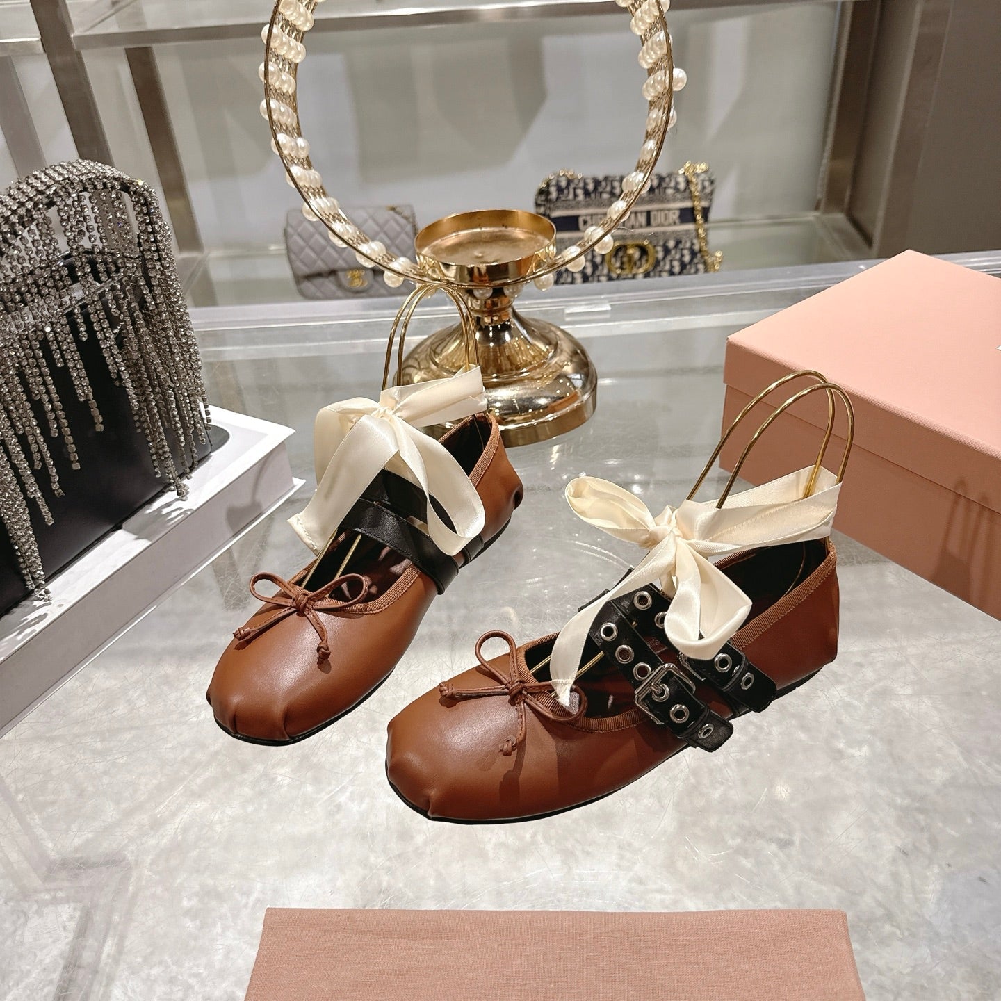 MIUMIU 26S SLINGBACK BALLET FLATS IN CARAMEL BROWN CALFSKIN AND BLACK STRAP RIBBON