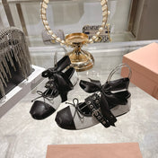 MIUMIU 26S SLINGBACK BALLET FLATS IN BLACK CALFSKIN AND BEIGE CANVAS RIBBON