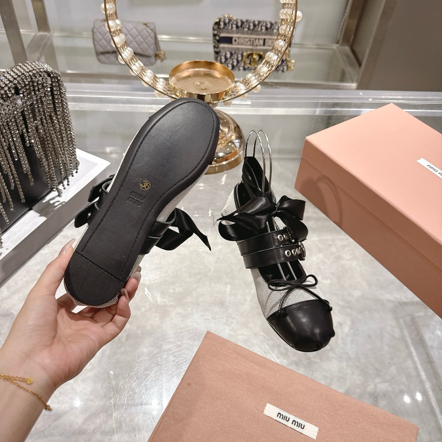 MIUMIU 26S SLINGBACK BALLET FLATS IN BLACK CALFSKIN AND BEIGE CANVAS RIBBON