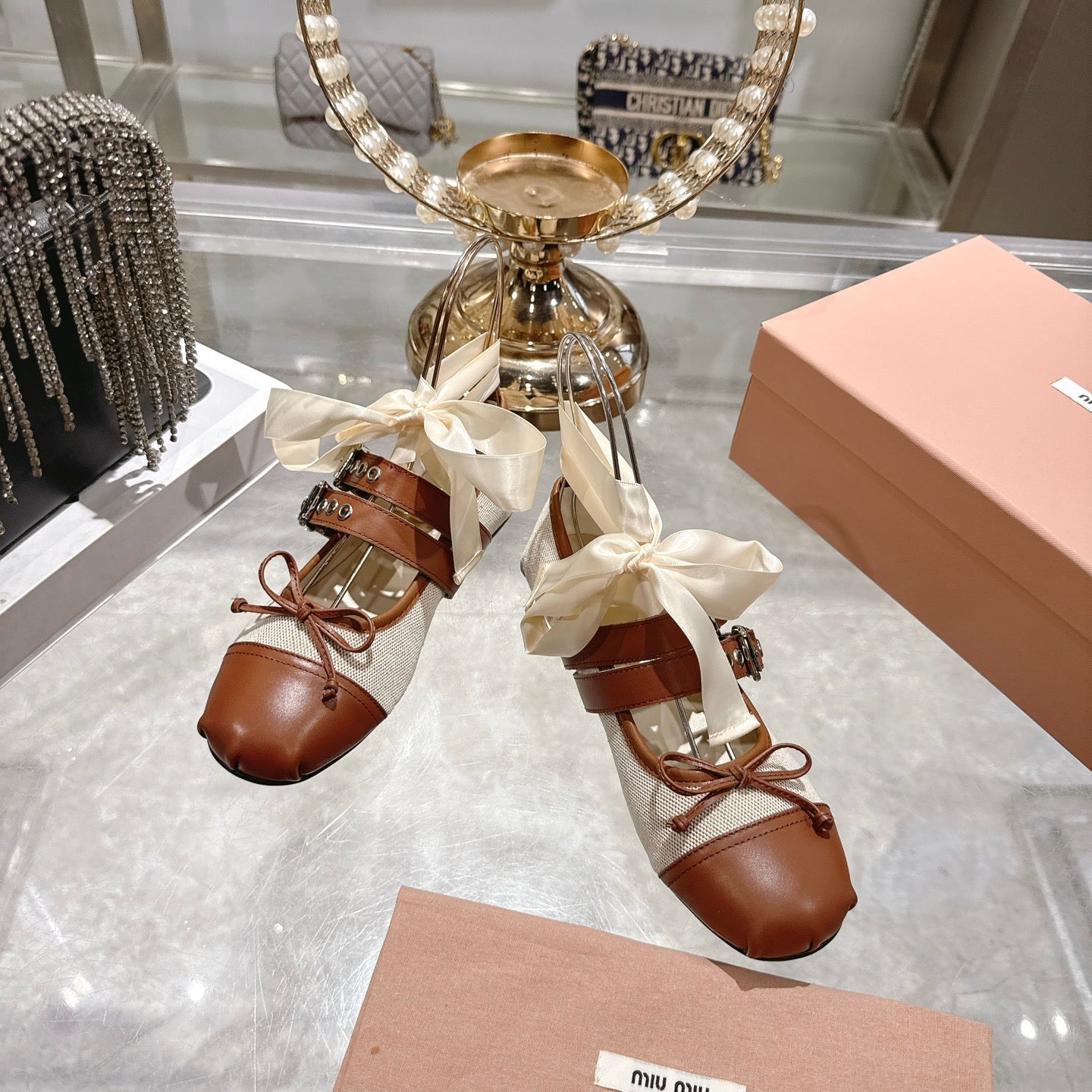 MIUMIU 26S SLINGBACK BALLET FLATS IN BROWN CALFSKIN AND BEIGE CANVAS RIBBON