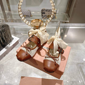 MIUMIU 26S SLINGBACK BALLET FLATS IN BROWN CALFSKIN AND BEIGE CANVAS RIBBON