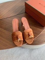 LP 26S SUMMER MULE HEELS 60MM IN CARAMEL BROWN SUEDE GOLD HARDWARE