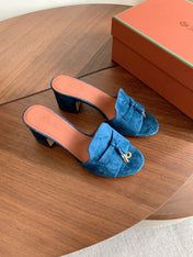 LP 26S SUMMER MULE HEELS 60MM IN DARK BLUE SUEDE GOLD HARDWARE