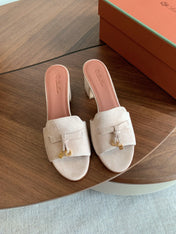 LP 26S SUMMER MULE HEELS 60MM IN LIGHT BEIGE SUEDE GOLD HARDWARE
