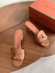 LP 26S SUMMER MULE HEELS 60MM IN DUSTY ROSE BROWN CANVAS AND CALFSKIN GOLD HARDWARE