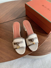LP 26S SUMMER MULE HEELS 60MM IN BEIGE CANVAS AND TAUPE BROWN CALFSKIN GOLD HARDWARE