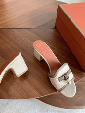 LP 26S SUMMER MULE HEELS 60MM IN BEIGE CANVAS AND TAUPE BROWN CALFSKIN GOLD HARDWARE
